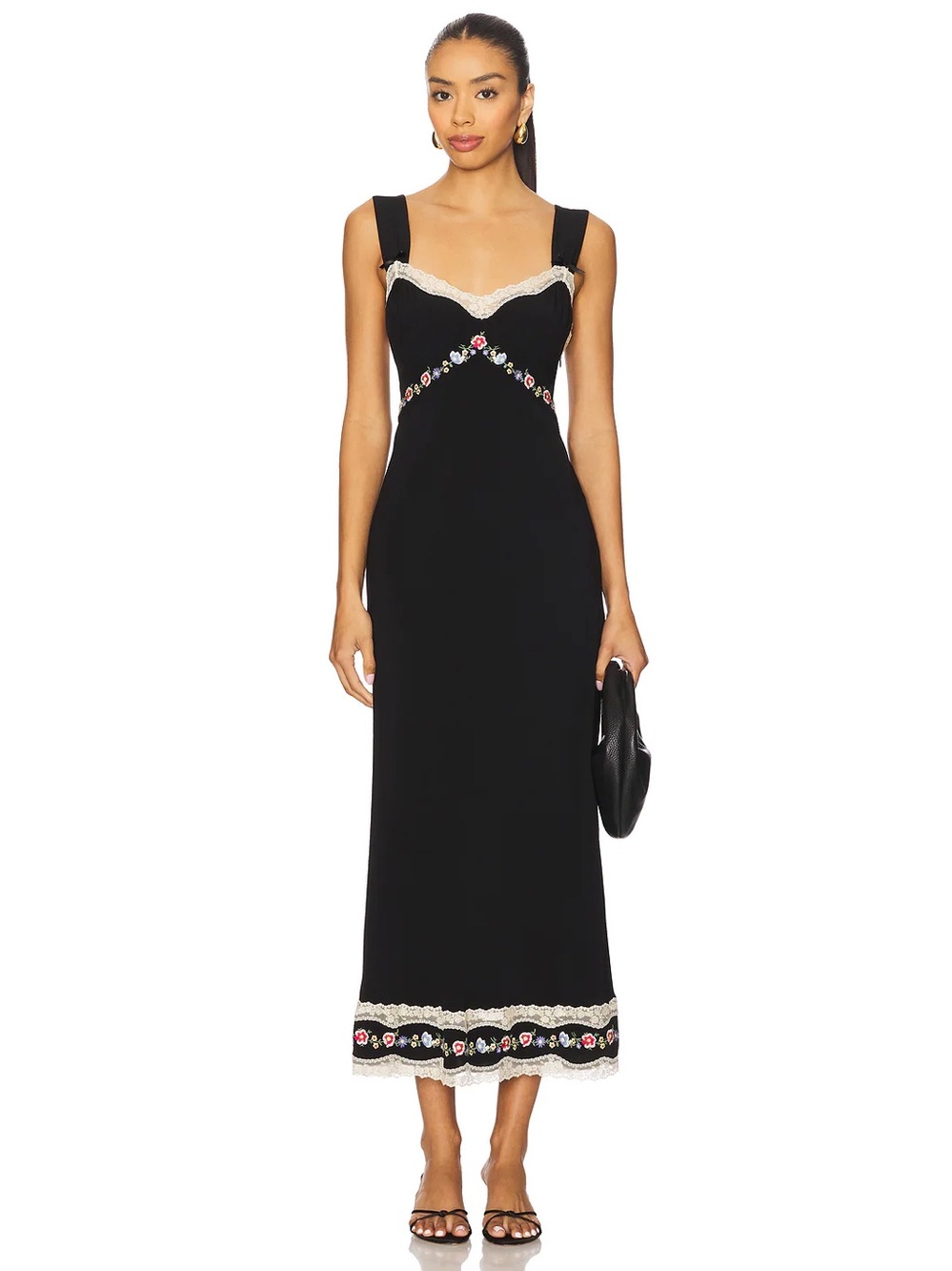 Rixo black embroidered lace trim Lucie midi dress
